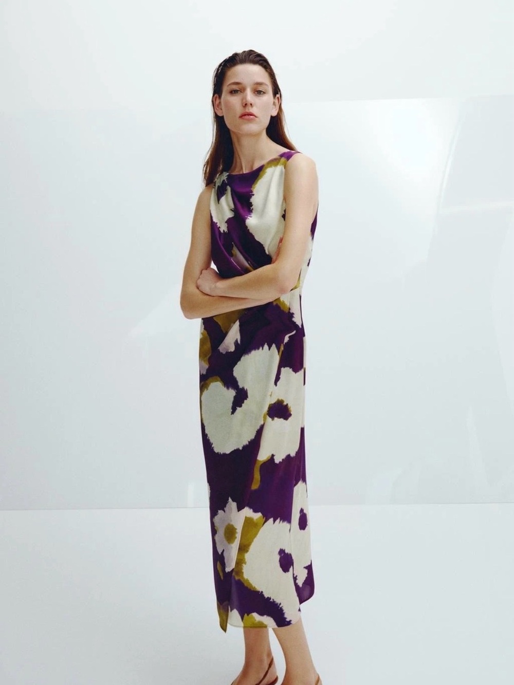 NWT Zara Purple Floral-Print Sleeveless Midi Dress with Cream & Olive Accents